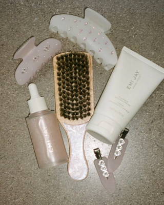 Emi Jay Sweetheart Hair Clip in Blush Drop. Item displayed with other Emi Jay items. 