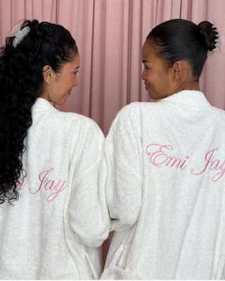 Emi Jay Sweetheart Hair Clip in Cloud Kiss. Two models are wearing the hair clip. 