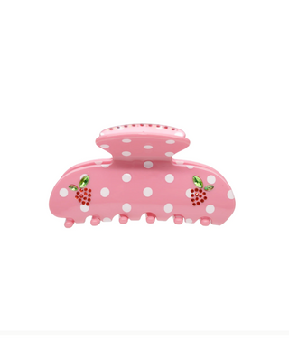 Emi Jay Sweetheart Hair Clip in Lychee Berry Dot. Product shot on a white background. 