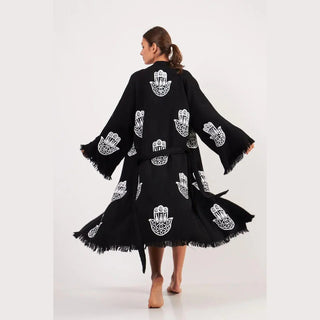 peshtemal robe kimono black with white hamsa