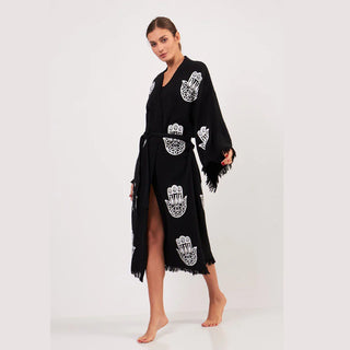 peshtemal robe kimono black with white hamsa