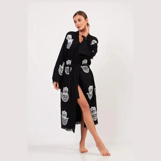 peshtemal robe kimono black with white hamsa