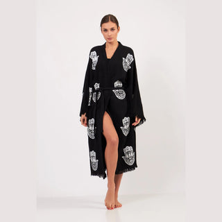 peshtemal robe kimono black with white hamsa