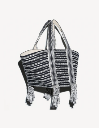 Amambaih Chulo Large Tote in Black & Ivory, a handwoven oversized tote bag made with sustainable materials and bold contrast details.