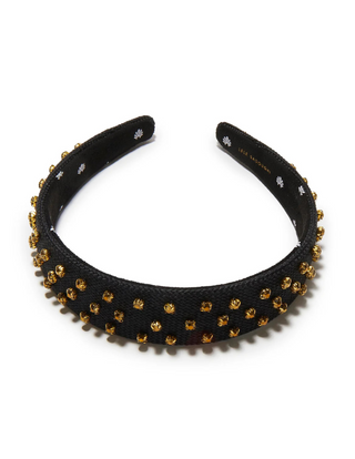 Lele Sadoughi Crystal Dorado Burlap Bessette Headband laid flat, with soft tan burlap fabric and shimmery crystal embellishments.