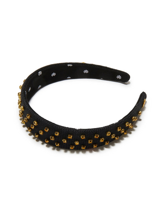 Lele Sadoughi Crystal Dorado Burlap Bessette Headband on a plain background, showing a smooth burlap headband with scattered gold-toned crystals.