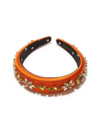 Lele Sadoughi Sienna Meadow Alice Crystal Garden Flower Headband on a plain background, showing a wide sienna-toned headband with crystal flowers and embroidered floral details.