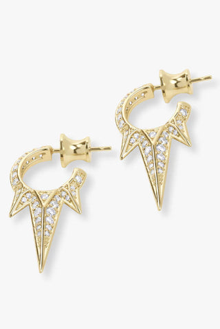 Pair of gold Melinda Maria Baby Gabriella Pavé Triple Spike Earrings photographed on white background