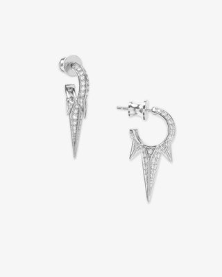 Pair of silver Melinda Maria Baby Gabriella Pavé Triple Spike Earrings displayed flat on white background