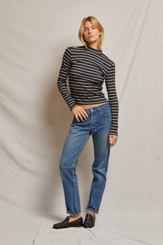 Perfect White Tee Lauryn Rib Mock Neck Long Sleeve Black Sugar Stripe