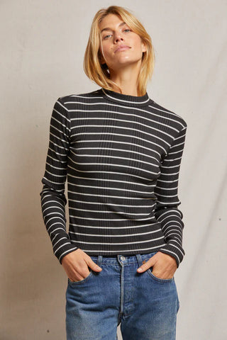 Perfect White Tee Lauryn Rib Mock Neck Long Sleeve Black Sugar Stripe