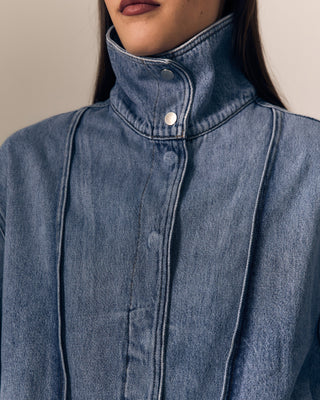 Le Jean Bubble Jacket. Model is wearing jacket and image is shot up close. 