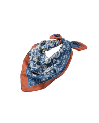 Lele Sadoughi Denim Tan Paisley Square Satin Scarf. Product shot on white background. 