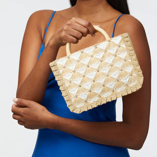 Lele Sadoughi Ivory Natural Maya Crystal Fan Raffia Mini Tote