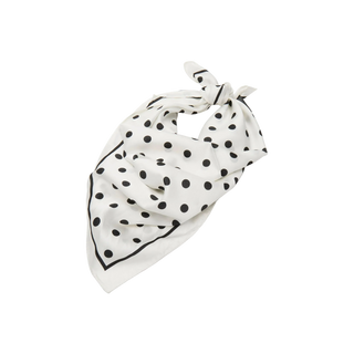Lele Sadoughi Jet Ivory Polka Dot Square Satin Scarf. Product shot on white background. 