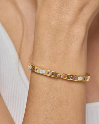 Melinda Maria Ashley Sunset Lavender Amethyst Lock Cuff 6mm. Model is wearing the product. 