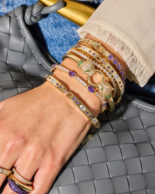 Melinda Maria Ashley Sunset Lavender Amethyst Lock Cuff 6mm. Product is shot on model's wrist along with other products.