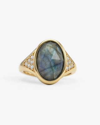 Melinda Maria David Ring Gold Labradorite. Product is shot on white background. 