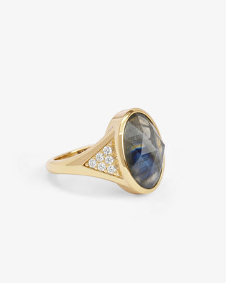 Melinda Maria David Ring Gold Labradorite. Product is shot on white background. 