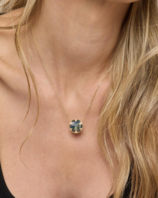 Melinda Maria Gold Labradorite Tessa Necklace 16mm. Necklace is shot up close on model. 