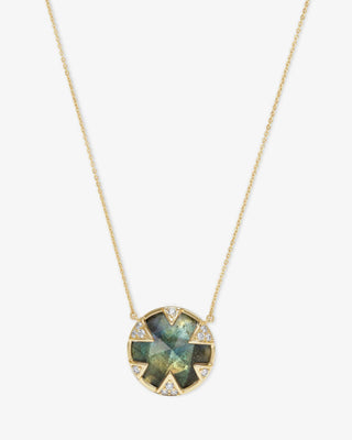 Melinda Maria Gold Labradorite Tessa Necklace 16mm. Product is shot on white background. 