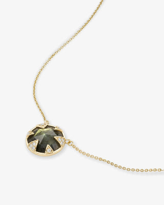 Melinda Maria Gold Labradorite Tessa Necklace 16mm. Necklace is shot on white background.