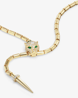 Melinda Maria Jaguar Bolo Lariat Necklace. Product is shot on white background. 