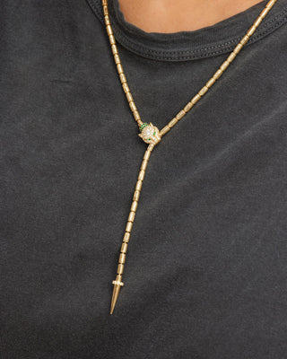 Melinda Maria Jaguar Bolo Lariat Necklace. Model is wearing the necklace. 