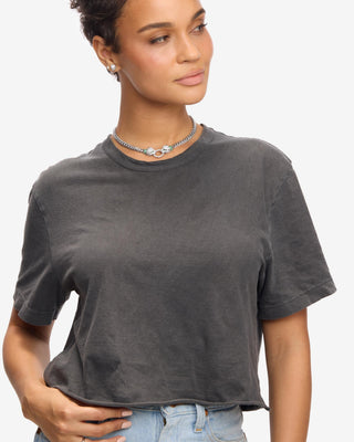 Melinda Maria Jaguar Cuban Chain Necklace 6.8mm. Model is wearing necklace.