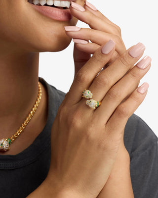 Melinda Maria Jaguar Pavé Ring. Model is wearing product. 