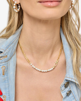 Melinda Maria Julian Loves Baby Pearls Necklace 5mm. Model is wearing the product. 
