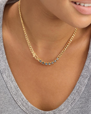 Melinda Maria Julian Loves Labradorite Necklace 5mm. Model is wearing the necklace and it's shot up close. 