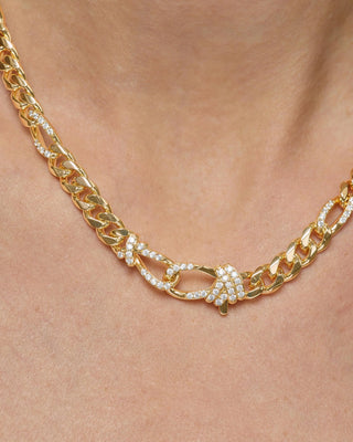 Melinda Maria Knot Figaro Chain Necklace. Product is zoomed in on. 