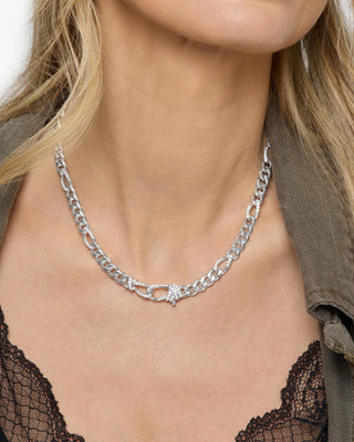 Melinda Maria Knot Figaro Chain Necklace. Product is shot on model.