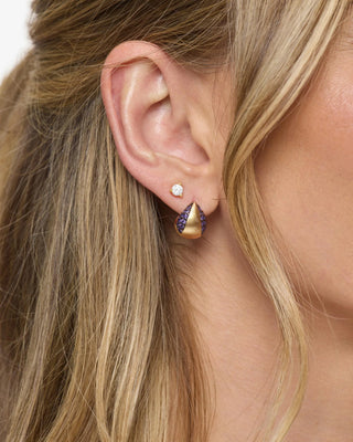 Melinda Maria Lil Norah Split Pavé Lavender Amethyst Earrings. Model is wearing the product.