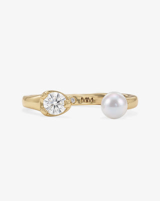 Melinda Maria Perfect Pearl Open Ring. Product is shot on white background. 