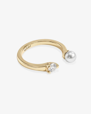 Melinda Maria Perfect Pearl Open Ring. Product is shot on white background. 