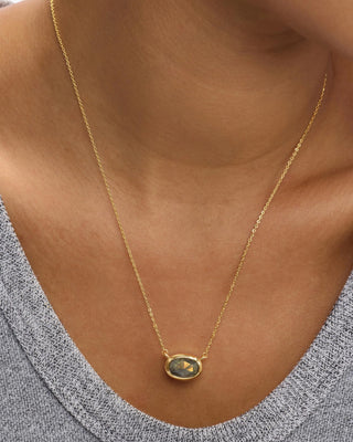 Melinda Maria She's A Boss Gold Labradorite Pendant Necklace. Necklace is shot up close on model. 