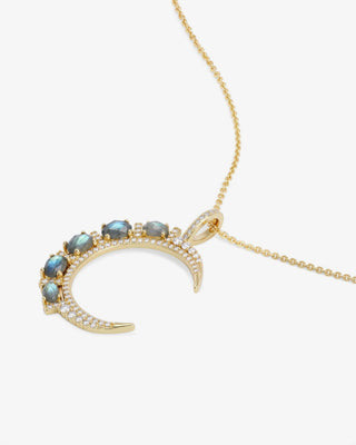 Melinda Maria She's An Icon Gold Labradorite Moon Necklace. Product is shot on white background.