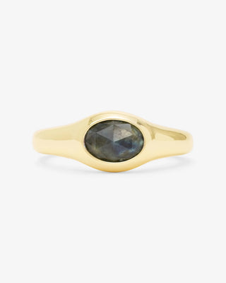 Melinda Maria She's a Boss Signet Ring Gold Labradorite. Product is shot on white background. 