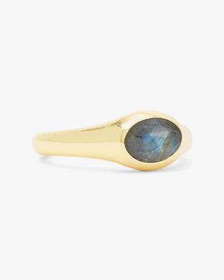 Melinda Maria She's a Boss Signet Ring Gold Labradorite. Product is shot on white background.