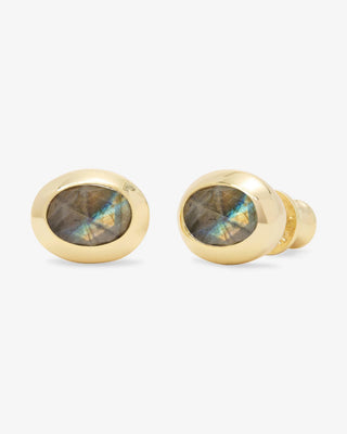 Melinda Maria She's a Boss Studs 8mm Gold Labradorite. Product is shot on white background. 