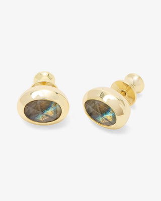 Melinda Maria She's a Boss Studs 8mm Gold Labradorite. Product is shot on white background. 