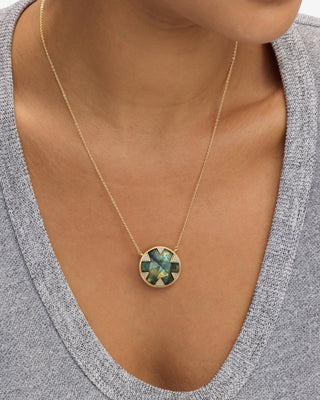 Melinda Maria Tessa Labradorite Necklace 24mm. Model is wearing the necklace.