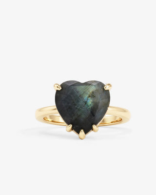 Melinda Maria The Allison Heart Ring Gold Labradorite. Ring is shot on white background.
