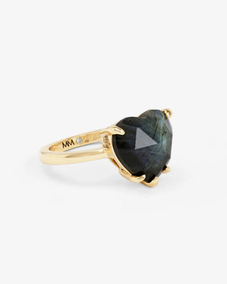Melinda Maria The Allison Heart Ring Gold Labradorite. Ring is shot on white background. 
