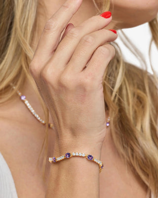 Melinda Maria The Maven Lavender Amethyst Tennis Bracelet 3mm. Model is wearing the bracelet. 