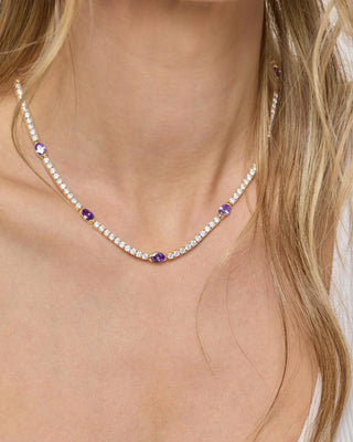 Melinda Maria The Maven Lavender Amethyst Tennis Necklace 3mm. Model is wearing product.