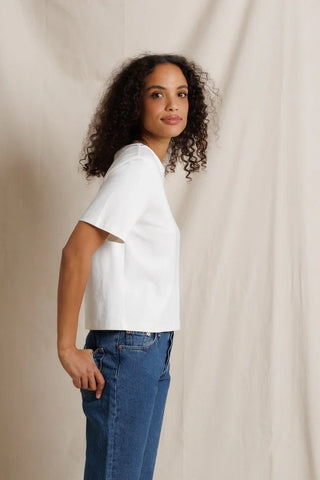 Perfect White Tee Atlas Crewneck Heavy Jersey Cotton Tee White. Model is posing in the product and image is shot on white background. 