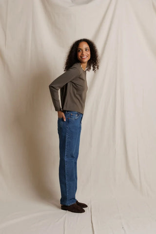 Perfect White Tee Axel Cotton Harley Long Sleeve Boxy Crew Tee Dark Olive. Model is posing in the product and image is shot on white background.